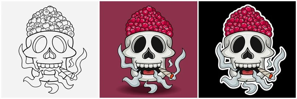 Cranberry Fruit Inside Skull Head With Smoking Character Cartoon. Black Whi.. Stock Illustration