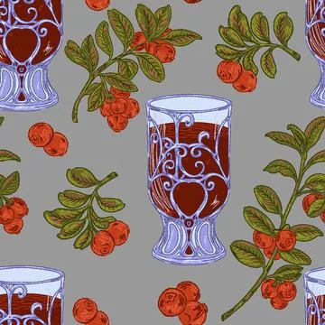 Cranberry juice seamless pattern. Vintage hand-drawn illustration in a sketch Stock Illustration