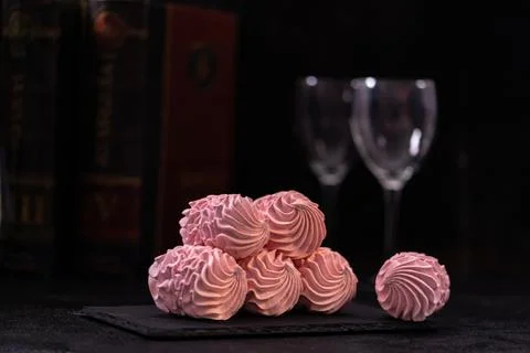 Cranberry marshmallows or marshmallows with a cup of tea. Natural Dietary Mar Stock Photos