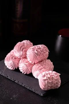 Cranberry marshmallows or marshmallows with a cup of tea. Natural Dietary Mar Stock Photos