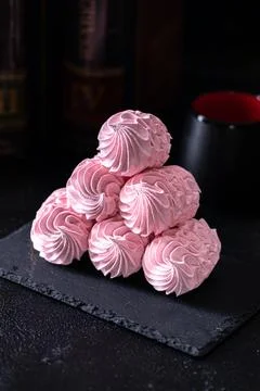 Cranberry marshmallows or marshmallows with a cup of tea. Natural Dietary Mar Stock Photos