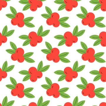 Cranberry seamless pattern. Vector background with red berries and green leaves Stock Illustration