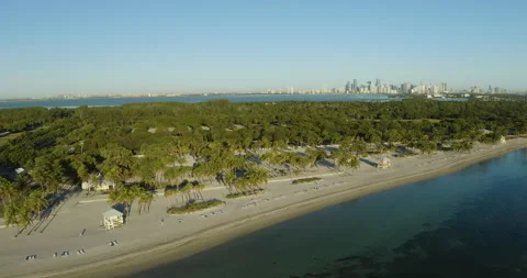 Crandon Park beach  in Key Biscayne with skyline Miami in the back Stock Footage 150273486