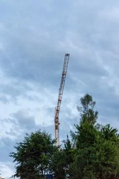 Crane among cloudy sky with tree at blue hour evening Stock Photos