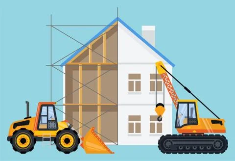Crane and Bulldozer with Building in Process Ilustración de archivo