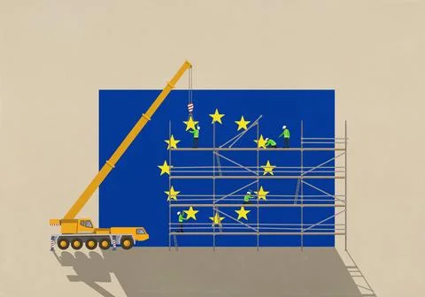 Crane and construction workers on scaffolding assembling European Union flag Stock Illustration