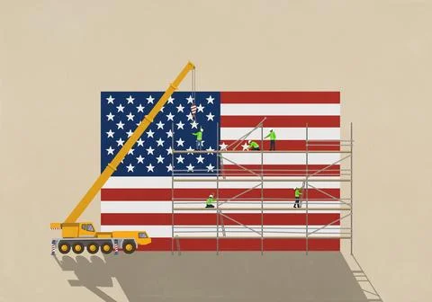 Crane and construction workers on scaffolding moving stars on American flag Stock Illustration