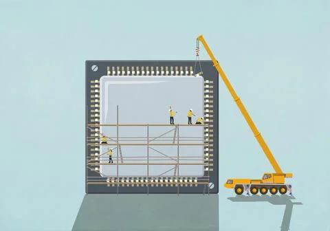 Crane and construction workers on scaffolding assembling semiconductor chip Stock Illustration