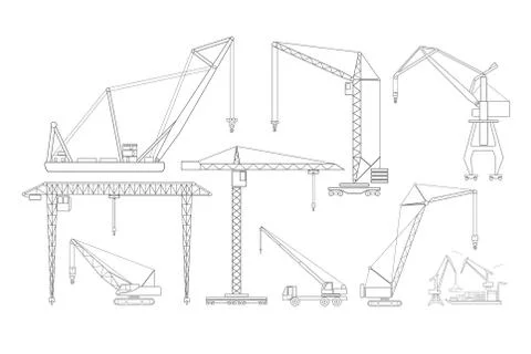 Crane and lifting machine. Outline icon set suitable for creating infographics.  Ilustración de archivo