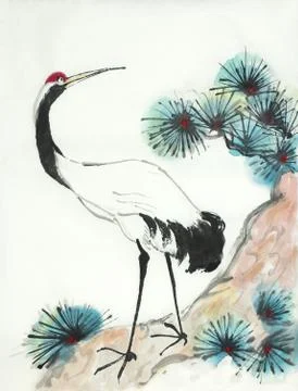 Crane and pine branch Stock Illustration