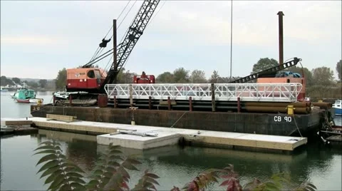 Crane barge anchors in river Stock-Footage 18182733