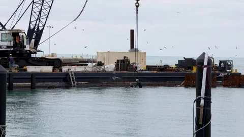 Crane Barge Working Near Dames Point Fishing Pier, Jacksonville, FL Stock Footage 346920216
