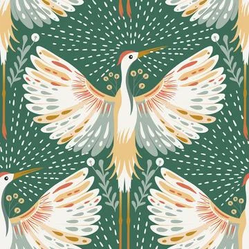 Crane Bird Art Deco Vector Vintage Boho Seamless Pattern Stock Illustration
