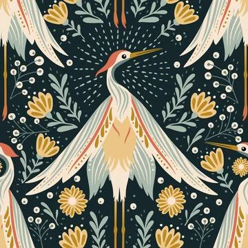 Crane Bird Art Deco Vector Vintage Boho Seamless Pattern Stock Illustration