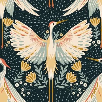 Crane Bird Art Deco Vector Vintage Boho Seamless Pattern Stock Illustration