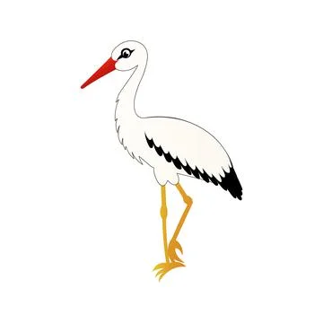 Crane bird isolated on white background in cartoon style, stork stands on one Stock Illustration