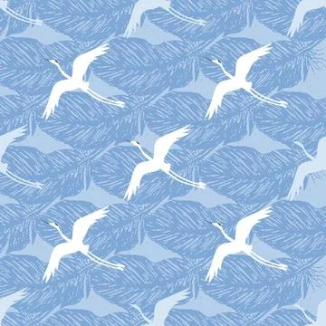 Crane birds seamless pattern Crane birds with feathers on a blue backgroun... Stock Photos