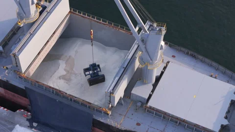 Crane bucket discharging white bulk cargo from the hold of a large ship during Stock Footage 345524774