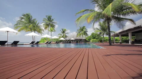 Crane camera shot of island pool scenery Stock Footage 1008665