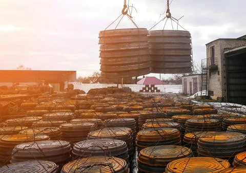 A crane carefully transports a large stack of metal barrels above a construct Stock Photos