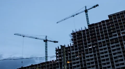 Crane construction Of Building. Time Lapse. day to night Stock Footage 46539349