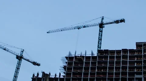 Crane construction Of Building. Time Lapse. close up day to night Stock Footage 46542535