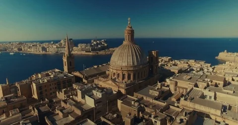 Crane Down looking at the Cathedral of Saint Paul in Valletta Malta Stock Footage 73813415