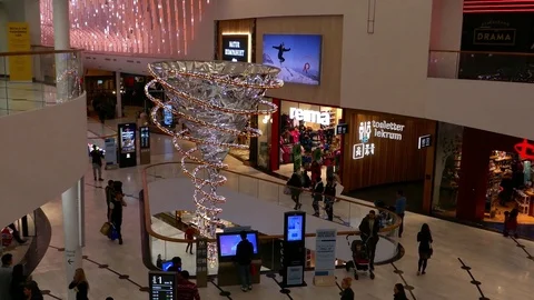 Crane down in shopping center with digital touch screen for people information Stock Footage 71148065