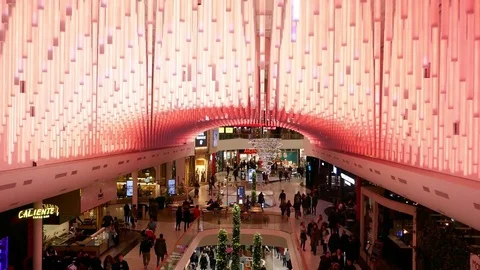 Crane down shot inside mall of Scandinavia shopping center, people shopping Stock Footage 71147543