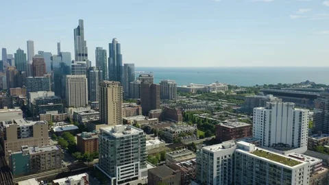 Crane Down - View of Chicago skyscrapers from South Loop [4K] Stock Footage 110716640