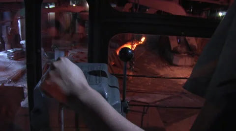 Crane Driver Woman's Hand on the Lever Moving Crane Blast Furnace through the Stock Footage 53501459
