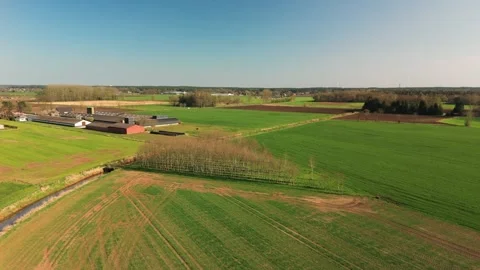 Crane Drone Shot Revealing Fields, Stream, and Distant Farm in Rural Flanders Stock Footage 309203559
