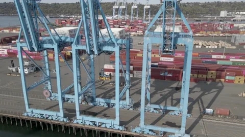 Crane Full View Accending In A Cargo Port With Containers In The Background 動画素材 184977461