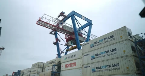 Crane glides above container stacks with transport logos Vídeos de archivo 319832571