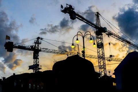 Crane for heavy lifting Working Construction Site in Europe. Stock-Fotos