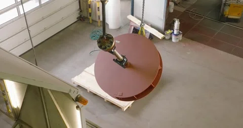 Crane Hoisting Primer Coated Fan Cover Plate, Workshop Overhead, High Angle Stock-Footage 340357633
