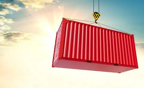 Crane hook and cargo container on sky background 스톡 일러스트