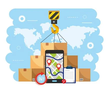 Crane hook with boxes package and smartphone gps map Stock Illustration