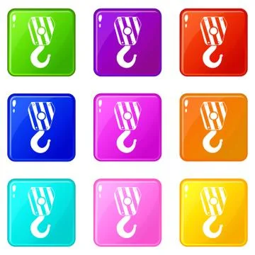 Crane hook icons 9 set Stock Illustration