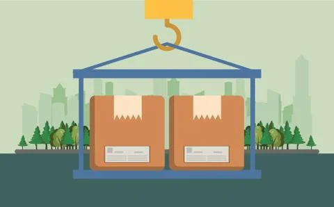 Crane hook lifting boxes cartons Stock Illustration