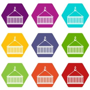 Crane hook lifts container icon set color hexahedron Stock Illustration