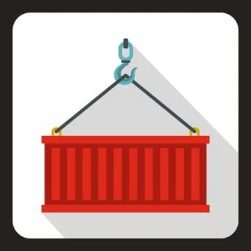 Crane hook lifts red container icon, flat style Illustrazione stock