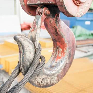 Crane hook with steel cable Stock Photos