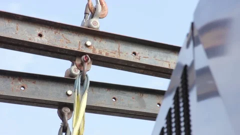 Crane hooks and straps with beams loading Metal Industrial HVAC Equipment Video stock 94912487