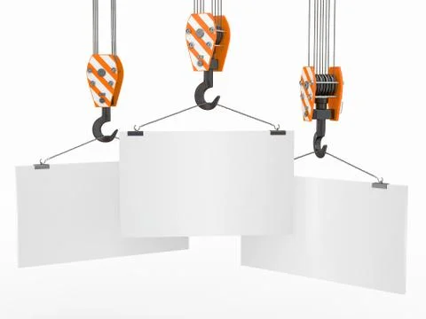 Crane hooks with empty boards on white background. 3d Stock Illustration