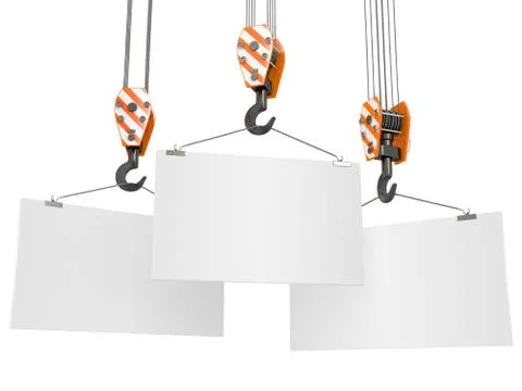 Crane hooks with empty boards on white background. 3d Stock Illustration