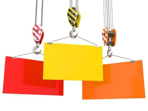 Crane hooks with empty boards on white background. 3d Stock Illustration