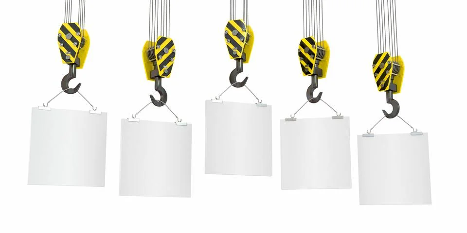 Crane hooks with empty boards on white background. 3d Stock Illustration