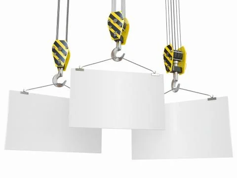 Crane hooks with empty boards on white background. 3d Stock Illustration