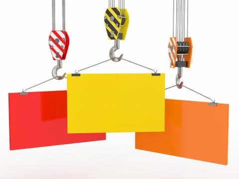 Crane hooks with empty boards on white background. 3d Stock Illustration